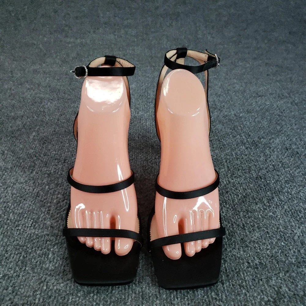 J.CREW Shoes Womens Size 9 Black Strappy‎ Leather Polyester Block Heel BP333
